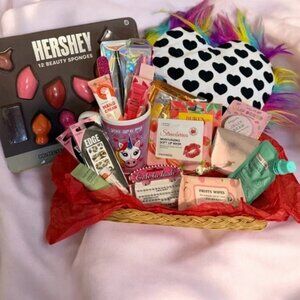 Gift basket featuring Rainbow Heart Pillow & assorted beauty products. Brand new